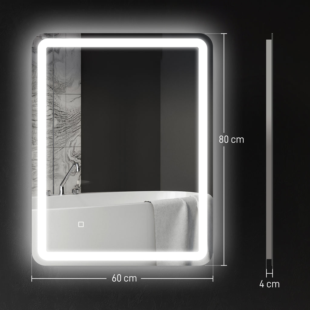 Badezimmerspiegel, beleuchtet, Touch-Steuerung, beschlagfrei, dimmbar, 3 Lichtfarben, 60 x 80, Silber