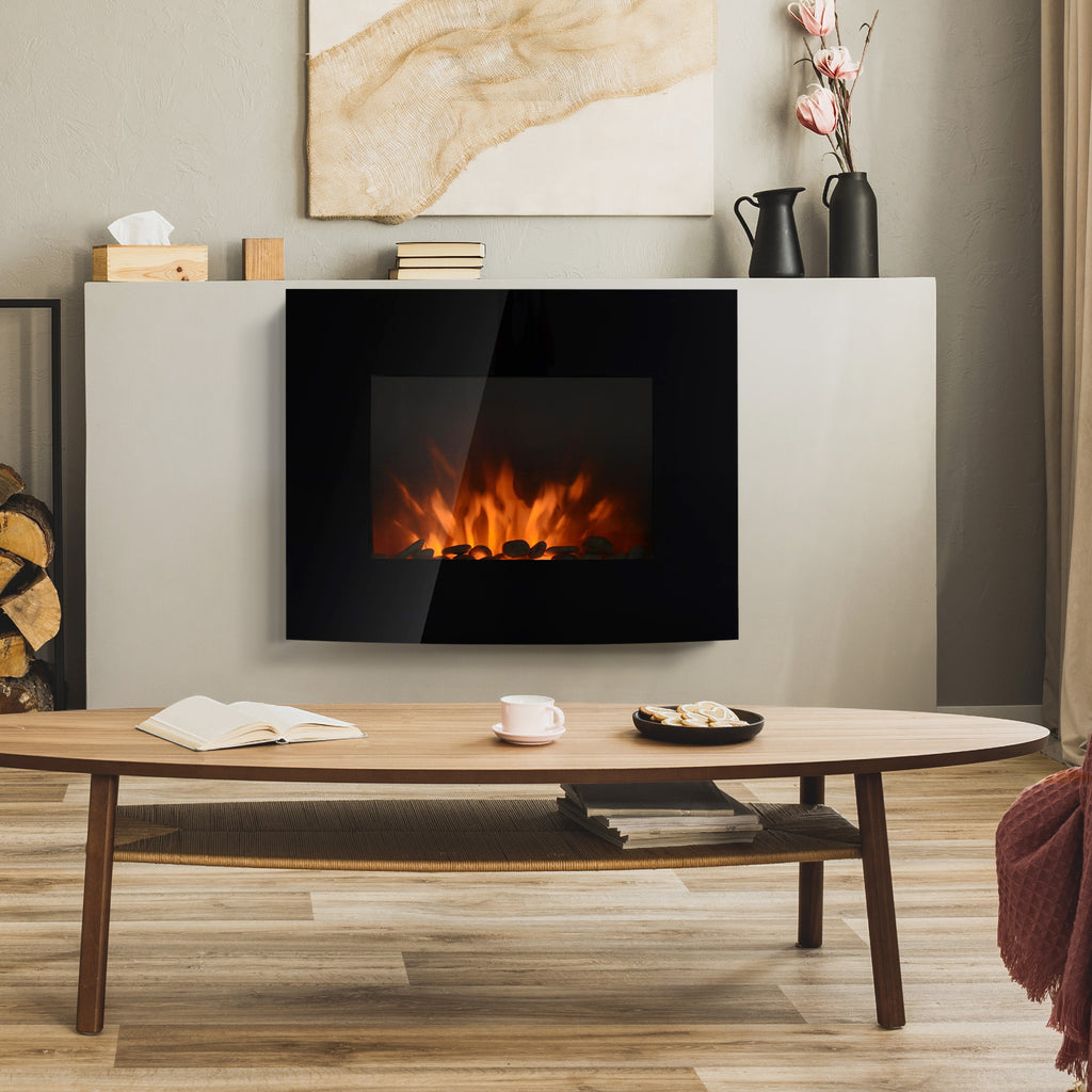 Elektrokamin mit Heizung, elektrischer Kamin mit 3D Flammeneffekt, 7 Flammenfarben, 900/1800 W, Wandkamin mit Timer, Dekokamin mit Fernbedienung, Schwarz, 65 cm