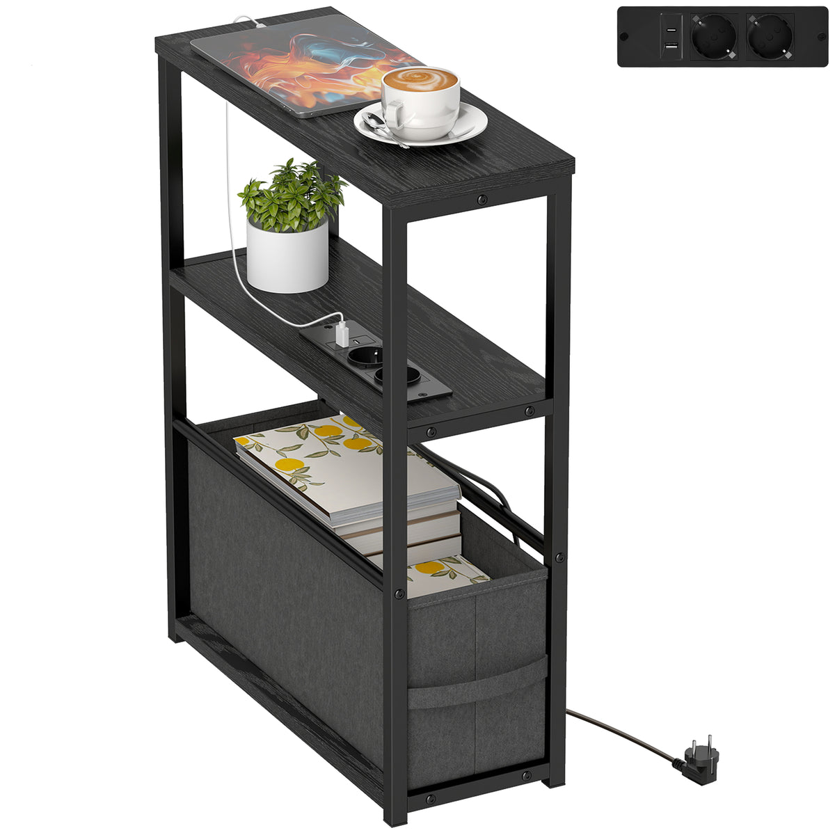 Beistelltisch Sofatisch mit Steckdosenleiste, Ablage, f¨¹r Kleine R?ume, 45x18x60,2cm, Schwarz