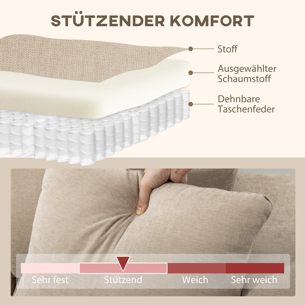 Ecksofa, Chaiselongue Umkehrbar, Kissen, 242 x 156 x 87 cm, Beige