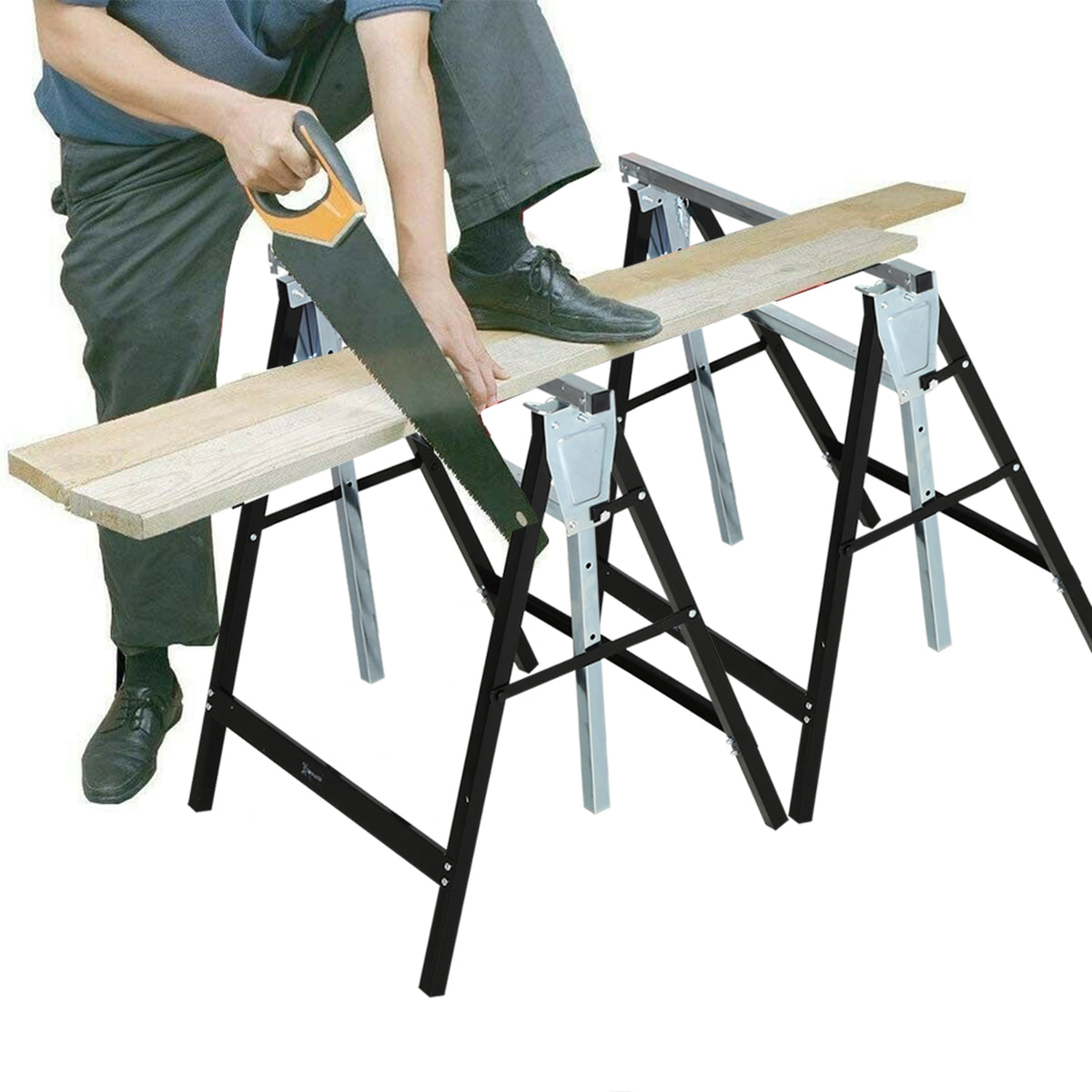  Sägebock, Arbeitsbock, Hohenverstellbar, Faltbar, Metall, Schwarz, 68 x 56 x 80-130 cm, Belastbarkeit 200kg