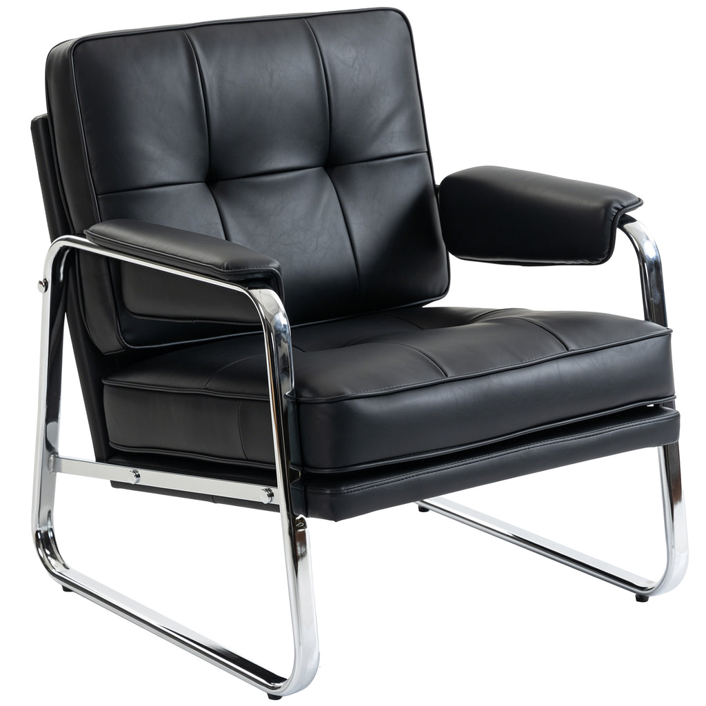 Sessel Loungesessel mit breiter Sitz, Armlehnen, Stahlbeinen, aus Kunstleder für Wohnzimmer, Schlafzimmer, Schwarz