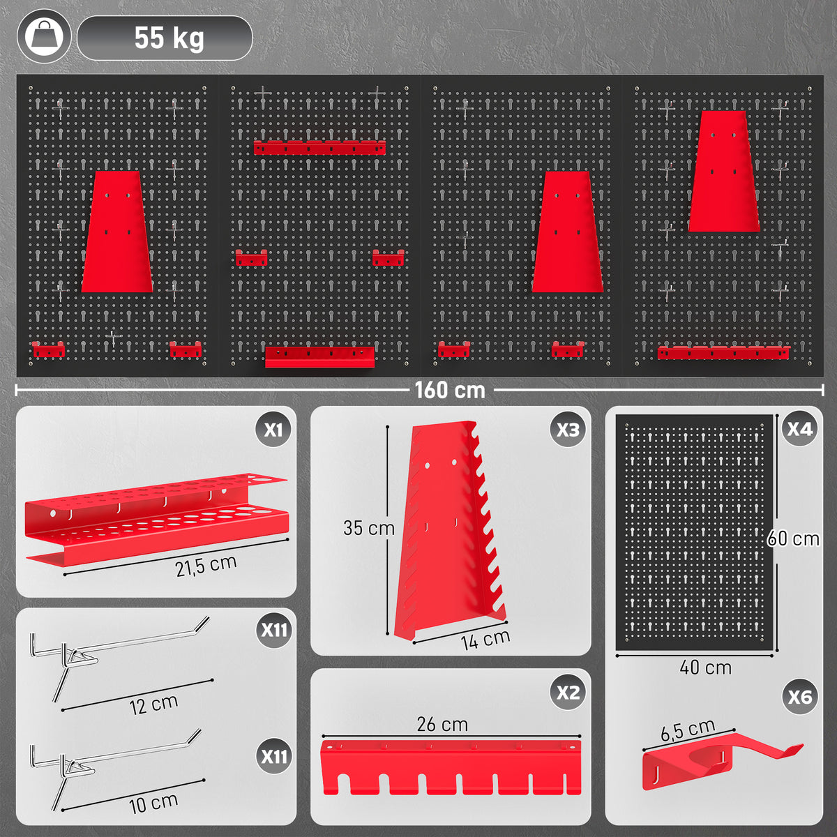 38 Pcs Wall-Mounted Pegboard with 4 Boards, Garage Tool Storage Unit Black and Red