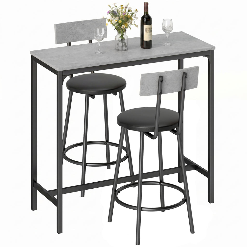 Bartisch mit Barhocker Set Tresentisch mit 2 gepolsterten Hockern mit Fußstütze für Esszimmer, kleinen Raum, Grau