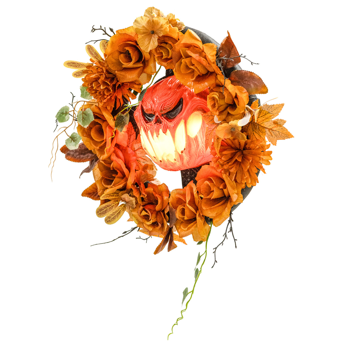 Halloween-Kranz, Grusel-Kürbis-Design, Herbstblätter, Lichteffekte, Kunststoff