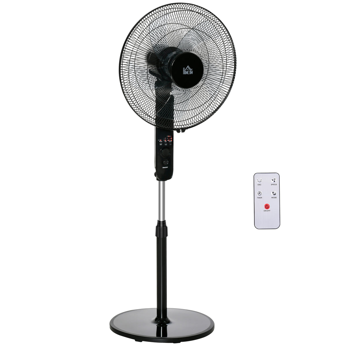 Standventilator mit Fernbedienung, Ventilator, Höhenverstellbarer Lüfter, 3 Geschwindigkeitsstufen, Verstellbarer Neigungswinkel, Metall, Schwarz, Ø44,5 x H110-124 cm