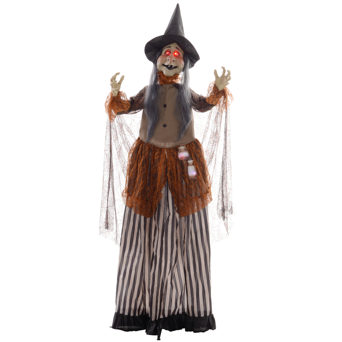 Hexe mit Zaubertrank, Helloweendeko, gruselige Laute, rote Augen, beweglich, 183 cm
