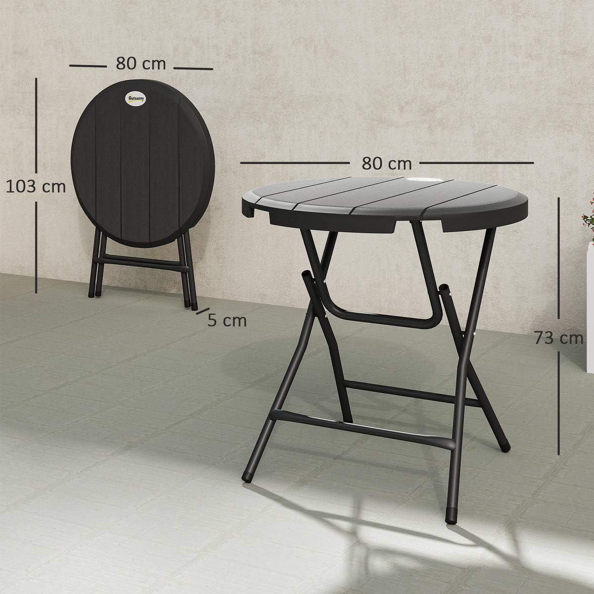 Foldable Round Garden Table for 4, Outdoor Dining Table with HDPE Tabletop and Steel Frame, 80 x 80 x 73 cm, Dark Grey