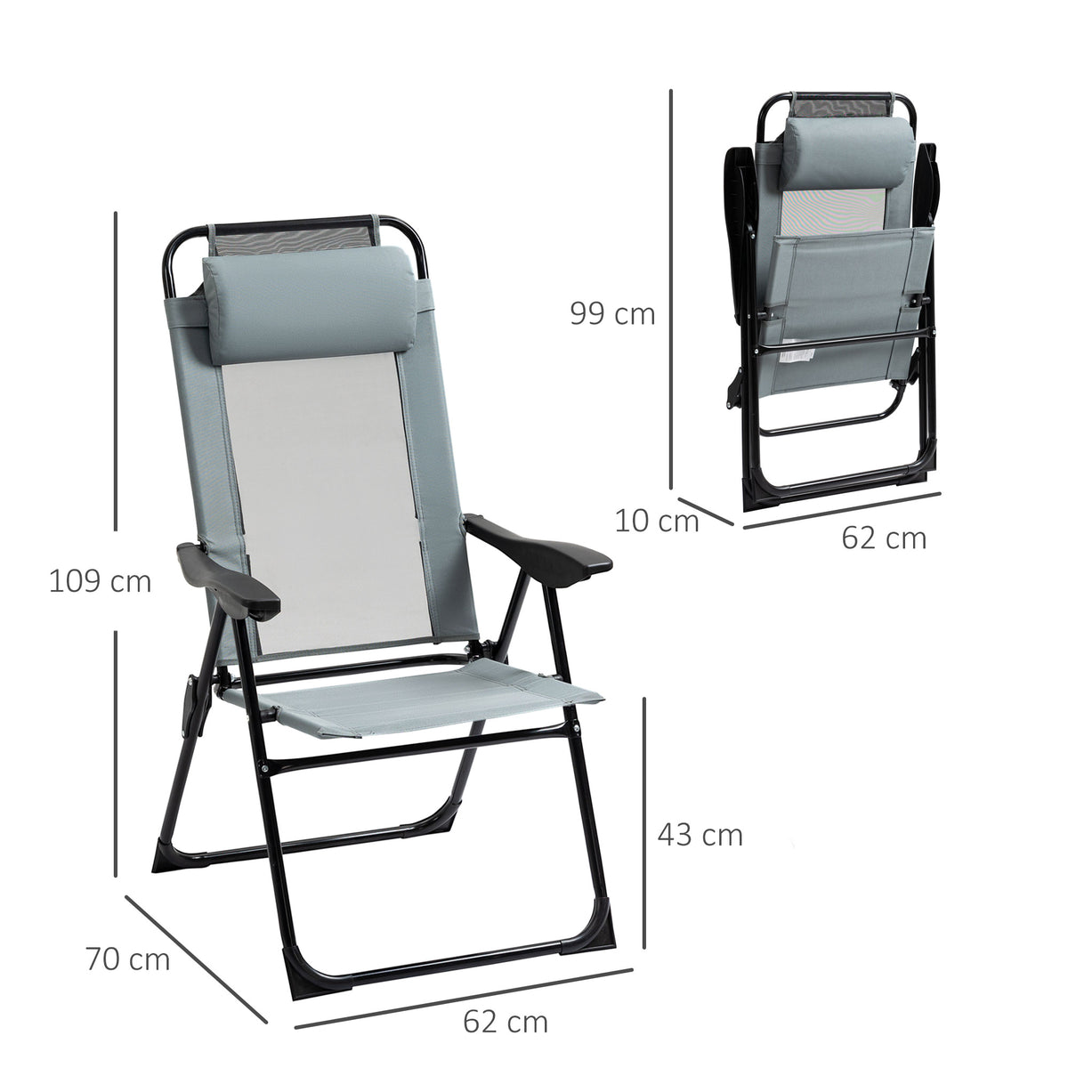 Folding Garden Chairs Set of 2, Portable Outdoor Patio Recliner Camping Chair with Adjustable Backrest, Grey