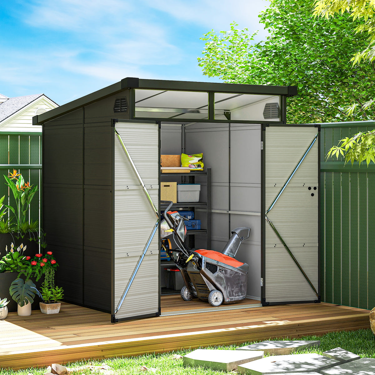 6 x 6ft Outdoor Storage Shed, Plastic Garden Shed with Windows and Air Vents, Outdoor Resin Tool Shed with Latch Doors for Garden, Deck, Dark Grey