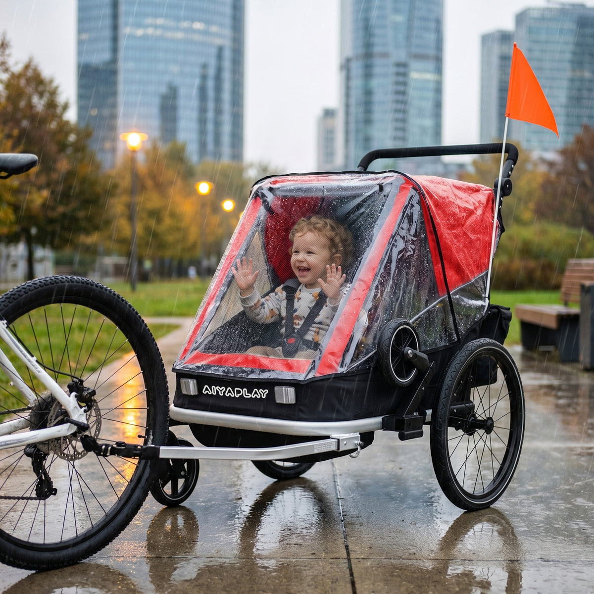 Fahrradanhänger für Kinder, 2-Sitzer, 2-in-1 faltbarer Kinderfahrradanhänger mit verstellbarem Sitz und Gurten, Rot