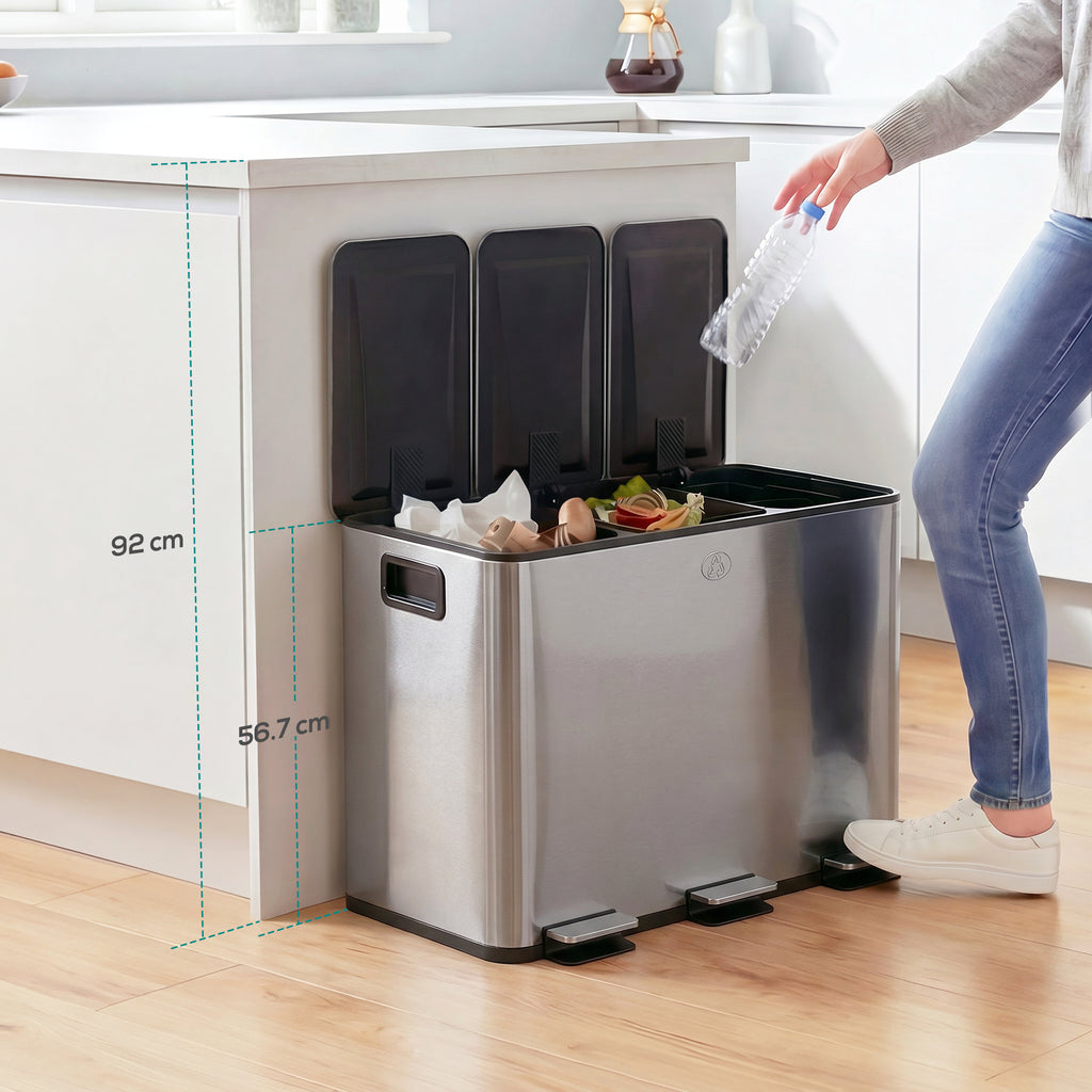 3 x 20L Pedal Bin, Steel Triple Kitchen Bin with Soft Close Lid, Removable Inner Buckets, Fingerprint-Proof, Silver Tone