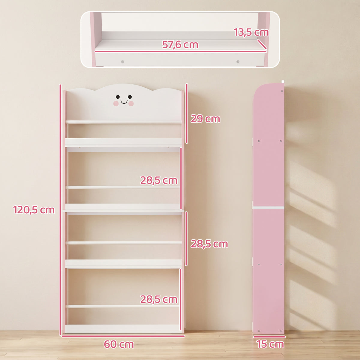 4 Tier Kids Bookshelf, Wall-Mounted Children Bookcase, Toddler Space-Saving Bookcase for Kids Room, Playroom, Pink