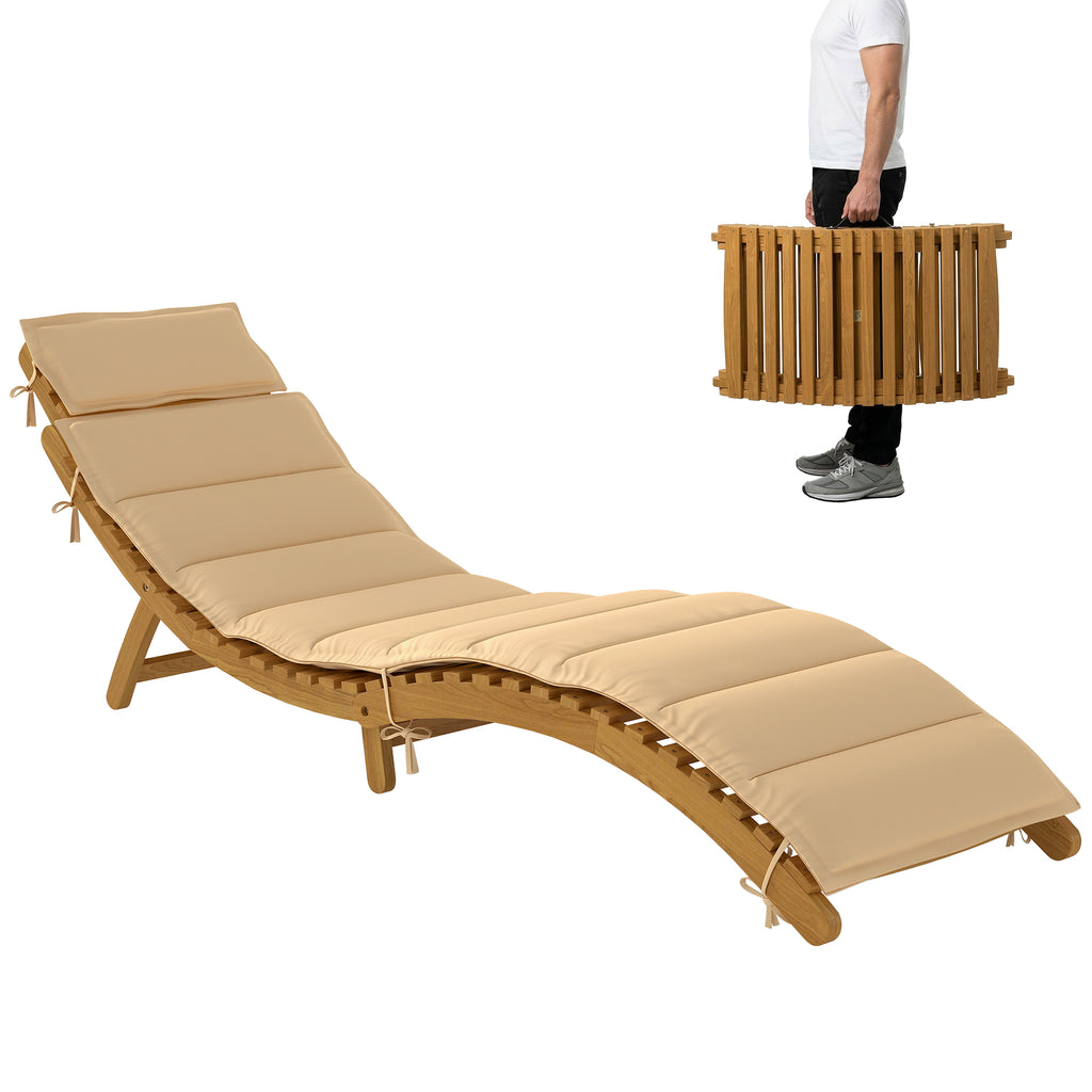 Sonnenliege klappbare wetterfeste Gartenliege aus Holz mit Polsterung Kopfstütze Tragegriff 183 x 54 x 63 cm, Beige