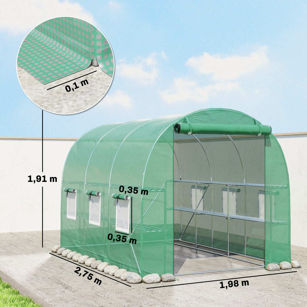 Walk-in Greenhouse with Shelves, Polytunnel Greenhouse with Roll-Up Door, 6 Mesh Windows,198 x 275 x 191 cm, Green
