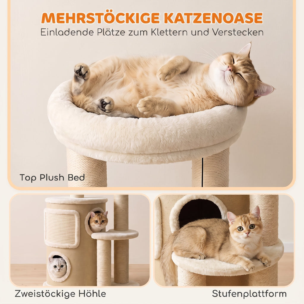 Kratzbaum mit 2-stöckiger Kratztonne Katzenbaum mit Sisal-Kratzpfosten, Plattform Sisalbrett Spielball, für Katzen 5kg
