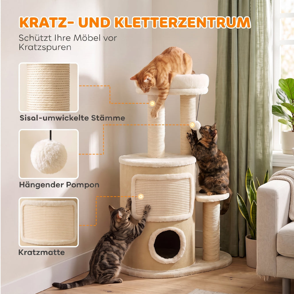 Kratzbaum mit 2-stöckiger Kratztonne Katzenbaum mit Sisal-Kratzpfosten, Plattform Sisalbrett Spielball, für Katzen 5kg
