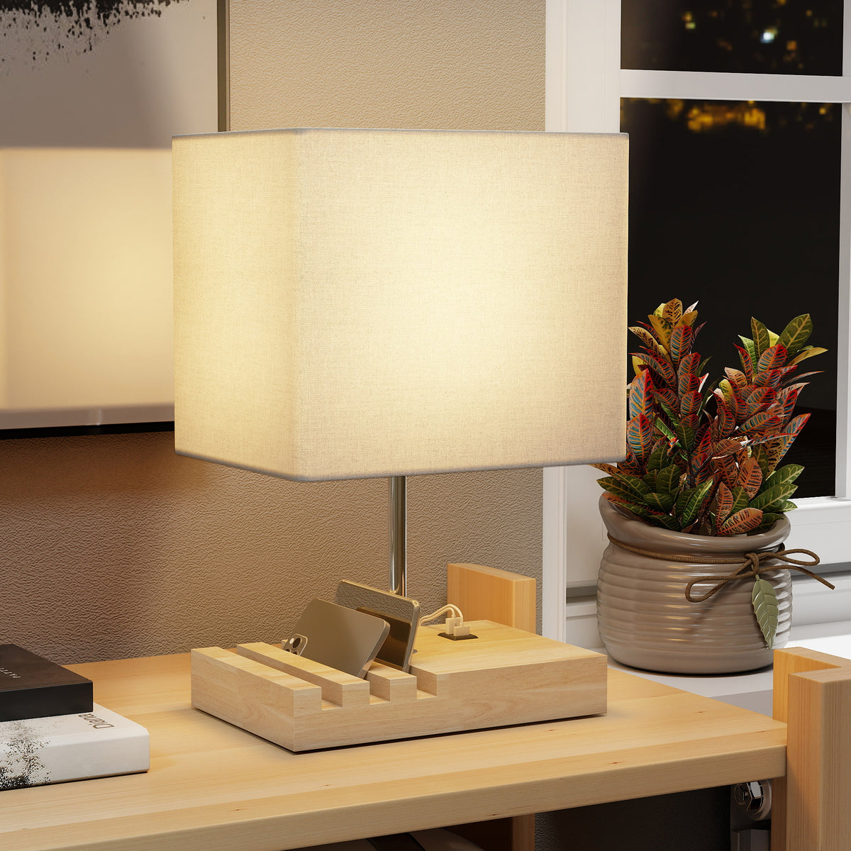 Nachttischlampe, USB-Anschlüsse, Holz, Stoff, Wippschalter, Ablagefächer, Weiß