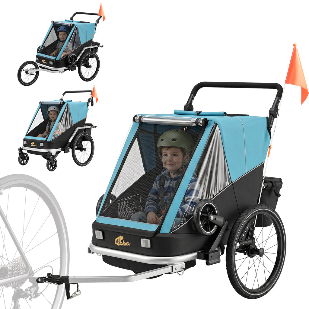 Fahrradanhänger für Kinder, 2-Sitzer, 2-in-1 faltbarer Kinderfahrradanhänger mit verstellbarem Sitz und Gurten, Blau