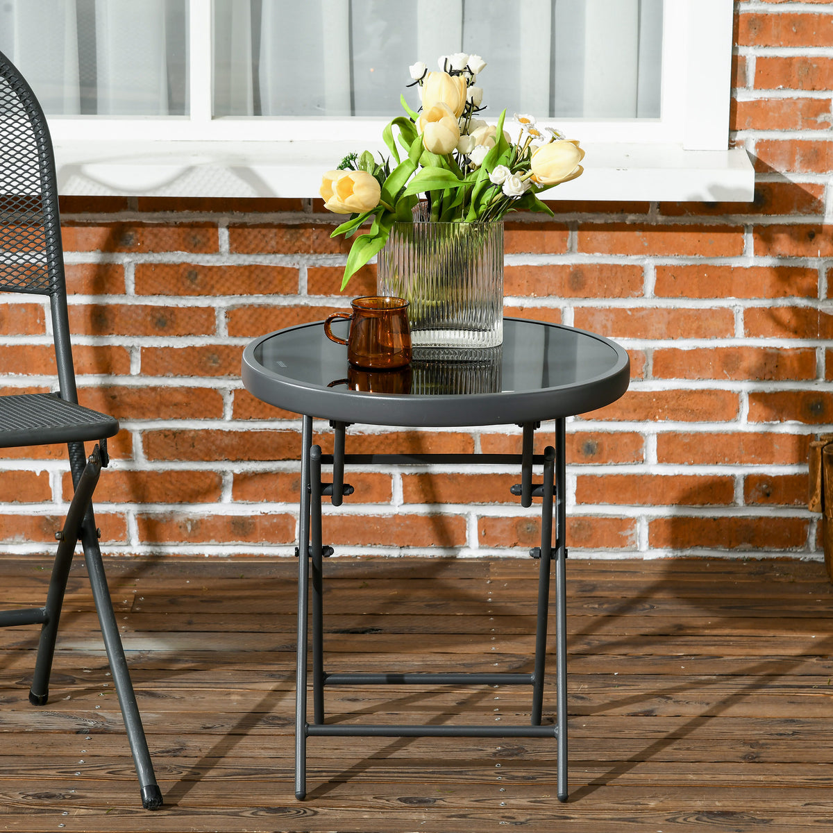 Φ45cm Garden Side Table, Outdoor Round Folding Patio Table with Imitation Marble Glass Top, Small Coffee Table, Black
