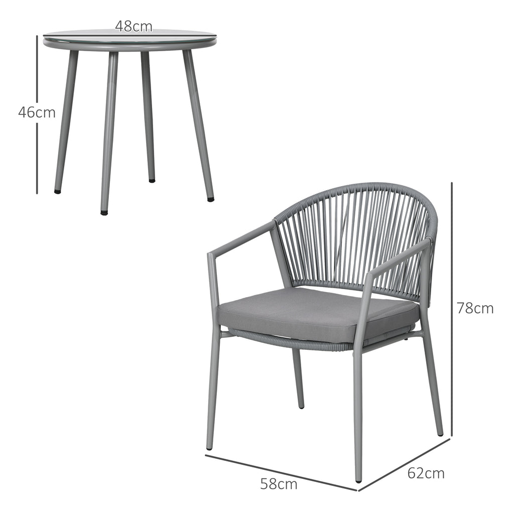 Gartenmöbel-Set, 2 Stühle & 1 Tisch mit Glasplatte, Rattanoptik, wetterfest, Metallrahmen, Grau