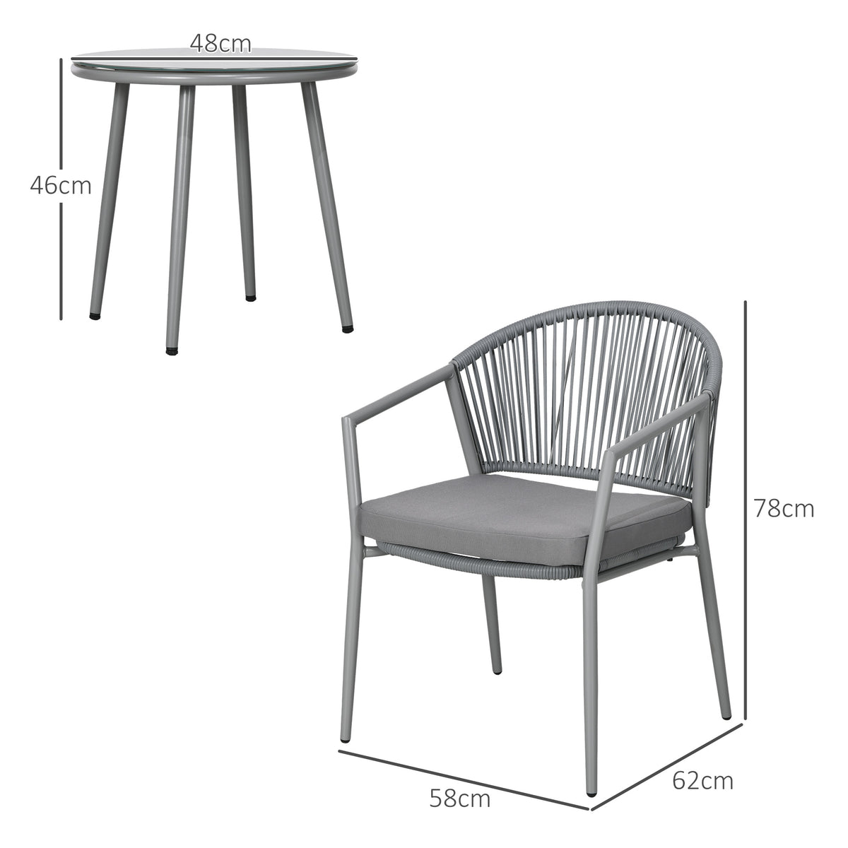 Gartenmöbel-Set, 2 Stühle & 1 Tisch mit Glasplatte, Rattanoptik, wetterfest, Metallrahmen, Grau