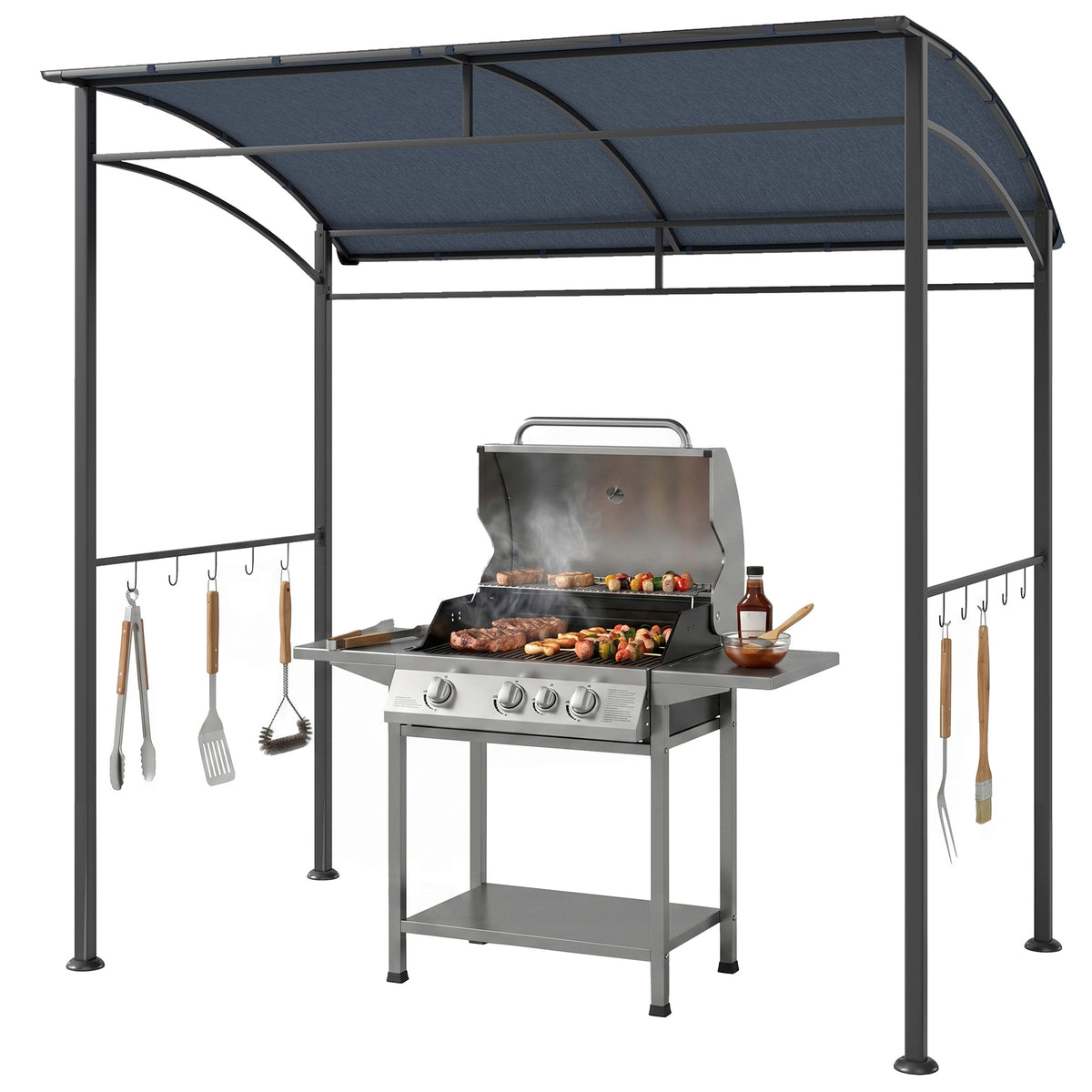 2.2 x 1.5 m BBQ Grill Gazebo Tent, Garden Grill with Metal Frame, Curved Canopy and 10 Hooks, Outdoor Sun Shade, Grey
