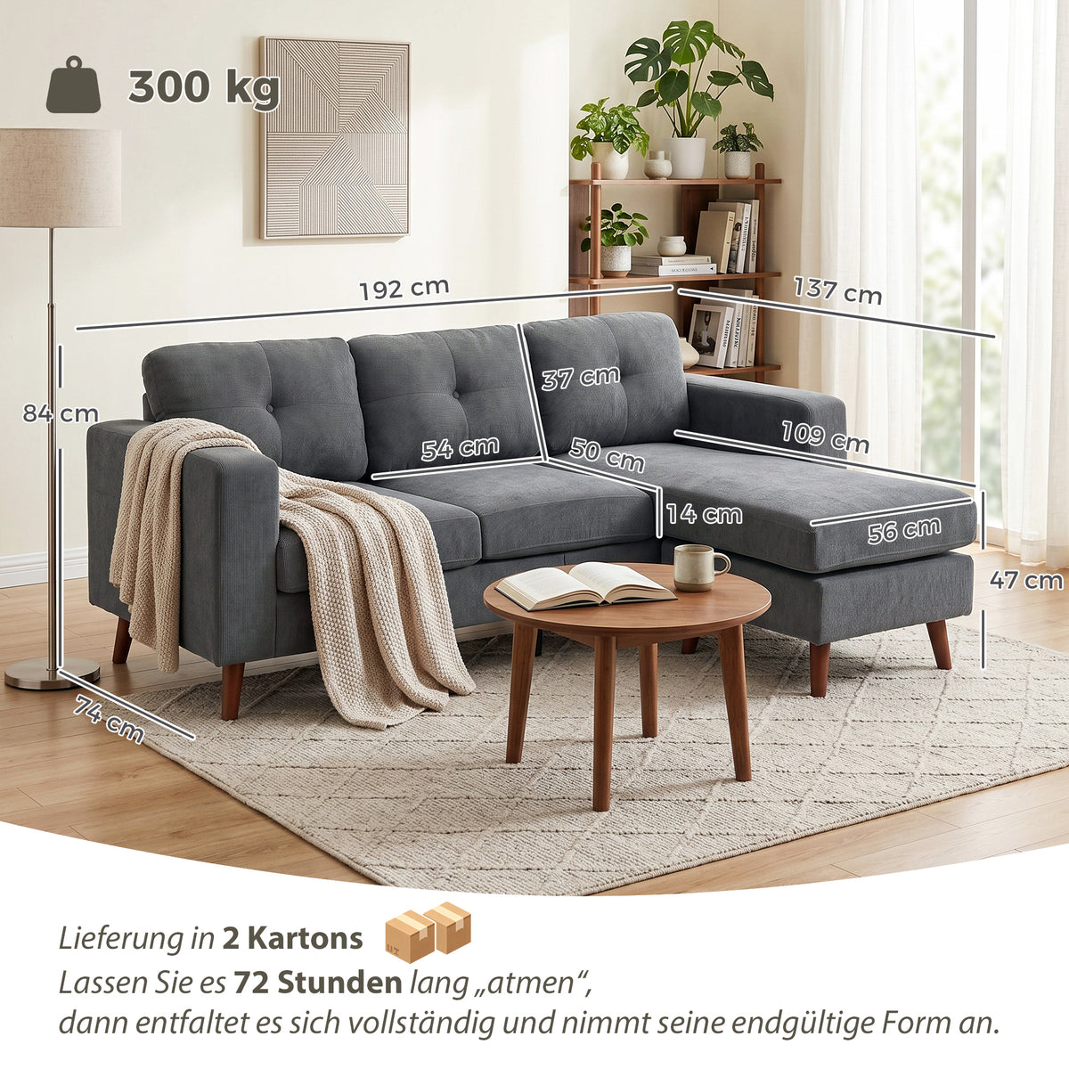 Ecksofa 192 cm L-Form 3-Sitzer Sofa mit umkehrbarer Chaiselongue, Cord-Optik, für kleinen Raum, Dunkelgrau
