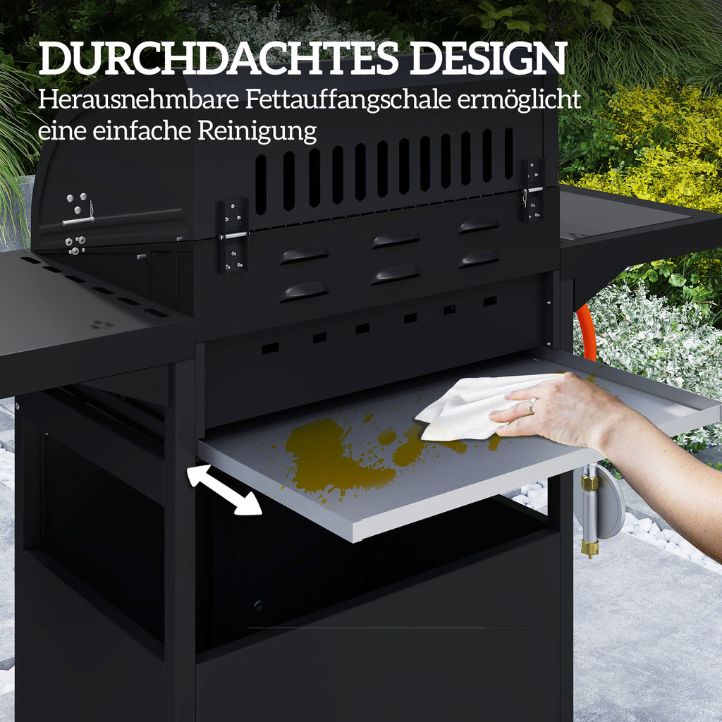 Fahrbarer Gasgrill mit Stauraum, Seitentisch, Seitenbrenner, Warmhalterost, Thermometer, Edelstahl, Schwarz