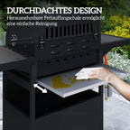 Fahrbarer Gasgrill mit Stauraum, Seitentisch, Seitenbrenner, Warmhalterost, Thermometer, Edelstahl, Schwarz