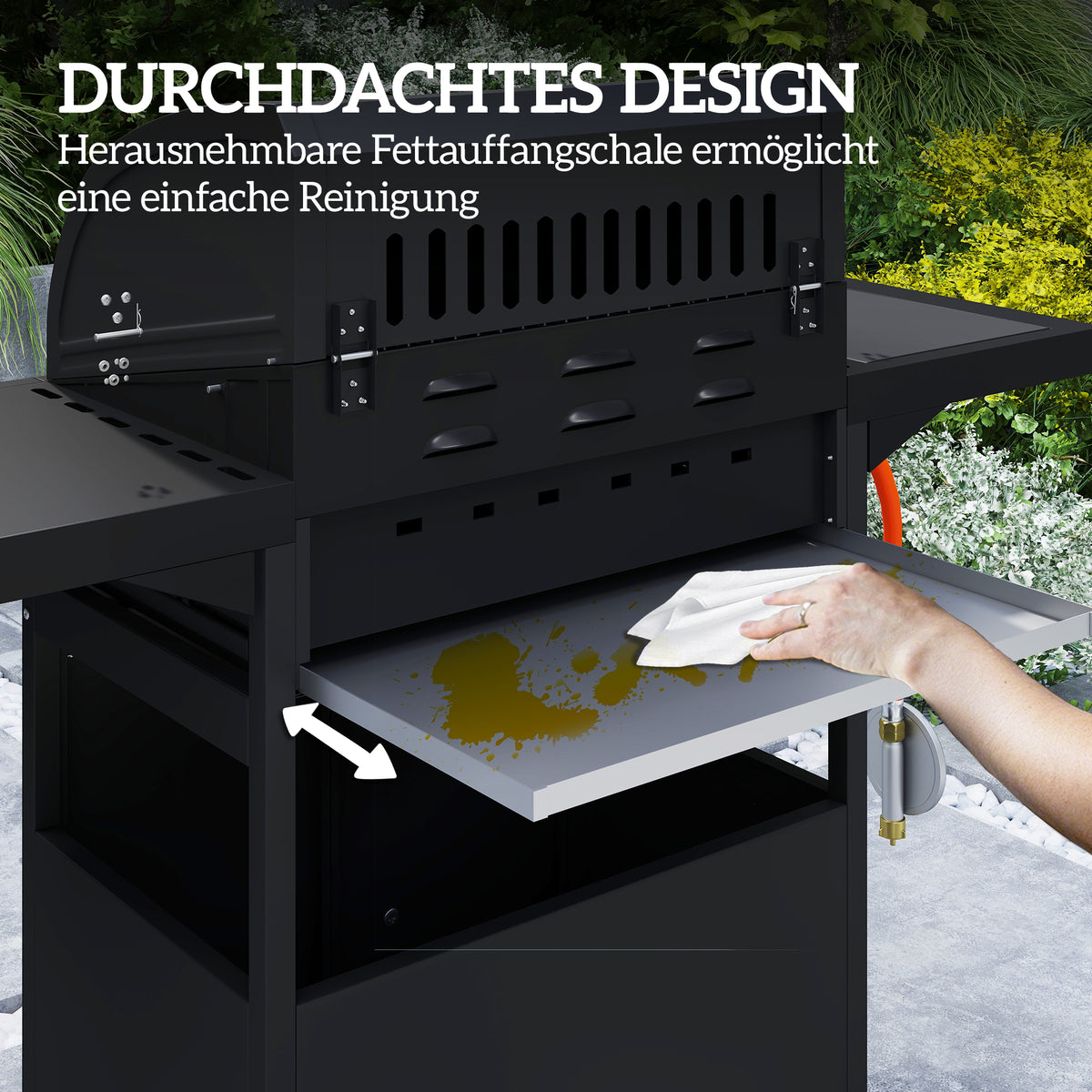 Fahrbarer Gasgrill mit Stauraum, Seitentisch, Seitenbrenner, Warmhalterost, Thermometer, Edelstahl, Schwarz