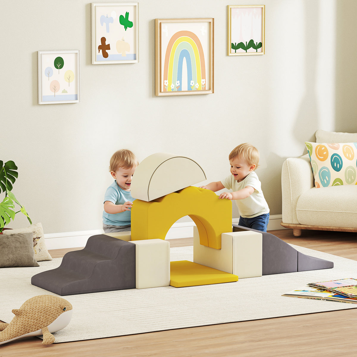7 Piece Kids Soft Play Set with Detachable Cover, Baby Indoor Climb and Crawl Foam Toys for Toddlers, Yellow