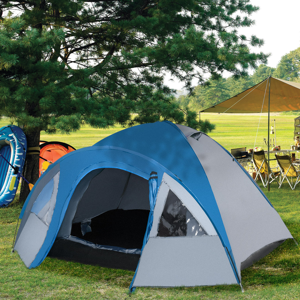 Campingzelt für 3 Personen ganzjährig nutzbar 3,00 x 2,50 x 1,30m Blau+Grau