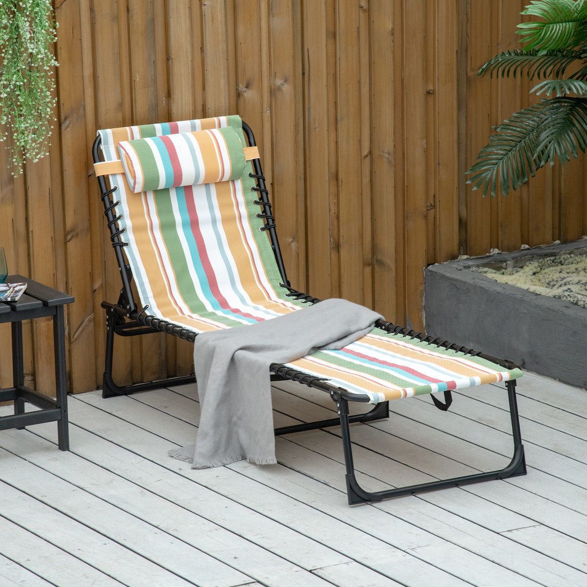 Folding Sun Lounger Beach Chaise Chair Garden Reclining Cot Camping Recliner with 4 Position Adjustable Multicolored