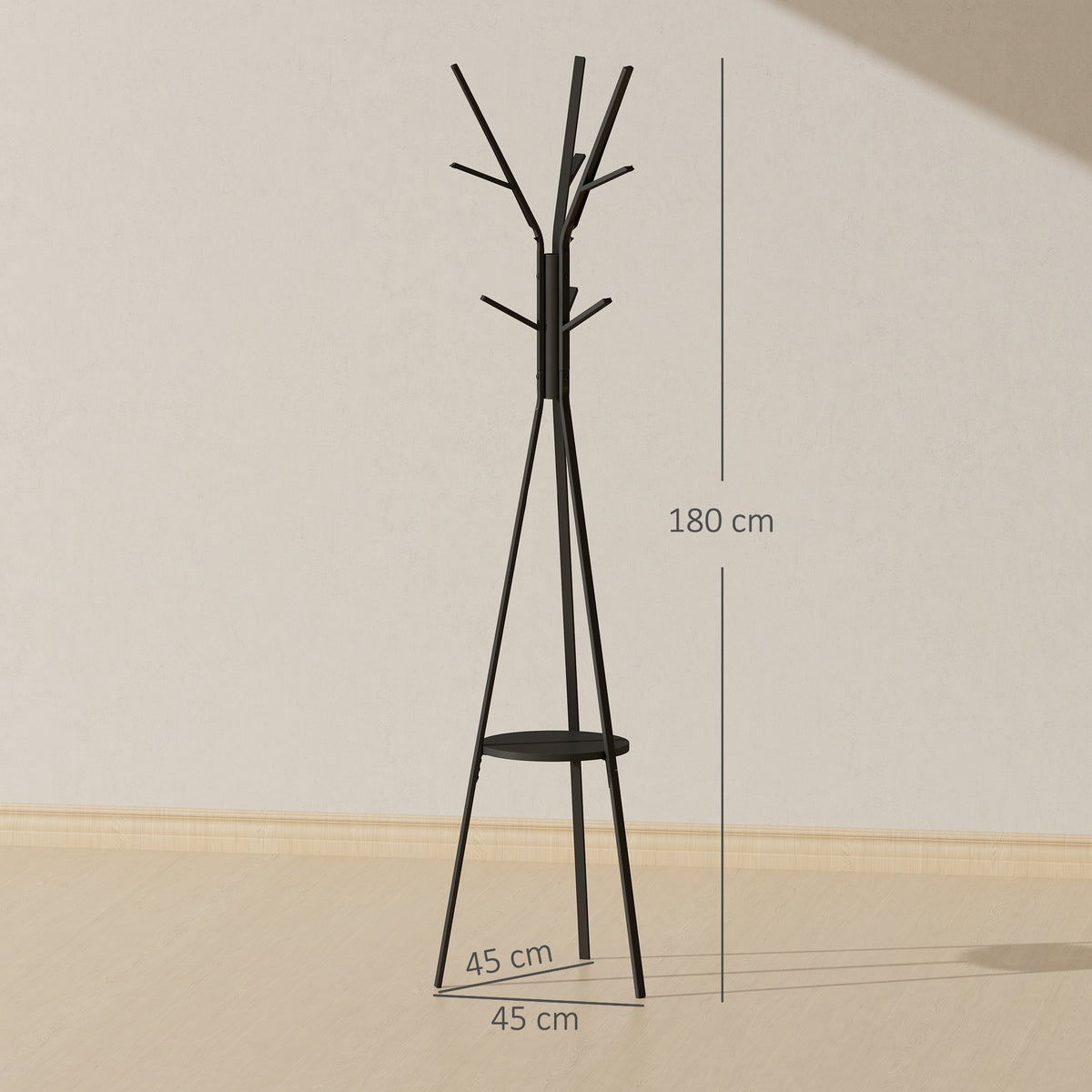 Freestanding Metal Coat Rack Stand 9 Hooks Clothes Tree with 1 Shelf Hat Display Hall Tree Hanger Bag Umbrella Hanging Organiser Black