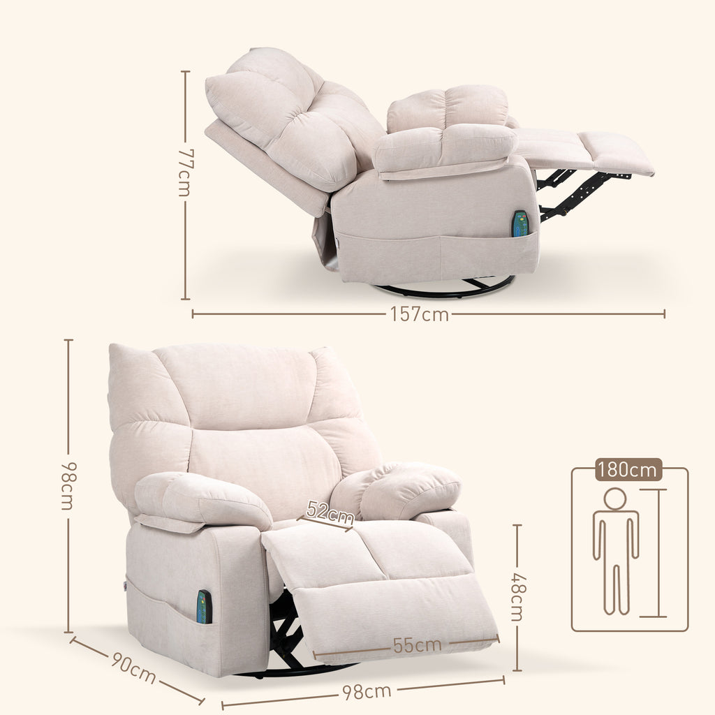 Massagesessel mit W?rme- & Liegefunktion, drehbar, bis 150 kg, Metallgestell, 98x90x98cm, Beige