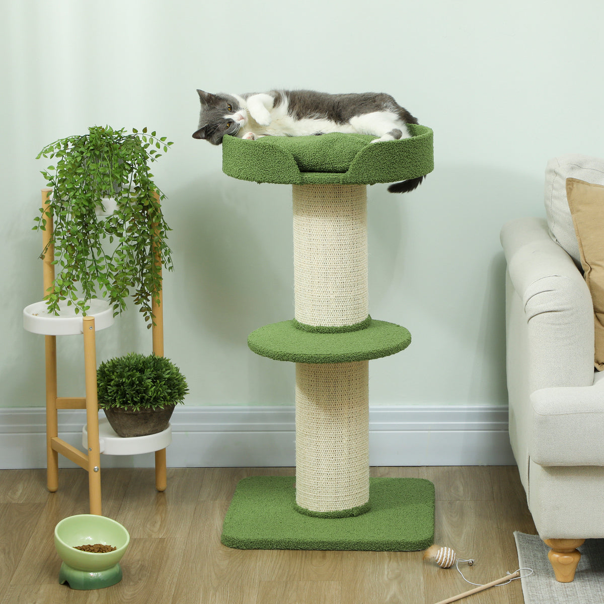 Katzenbaum 91cm Spielbaum mit Katzenbett, Plattform Lammwolle Grün