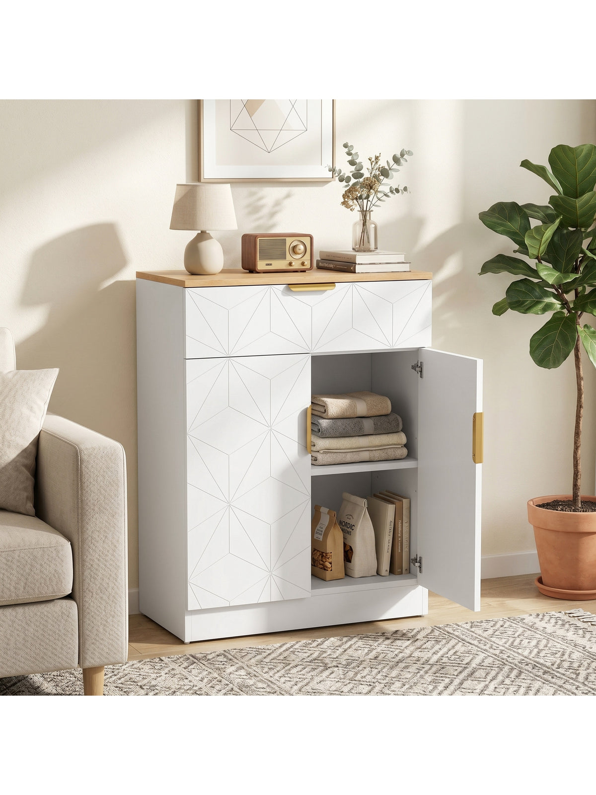 Sideboard, Beistellschrank mit Schublade, verstellbarem Regal, Weiß