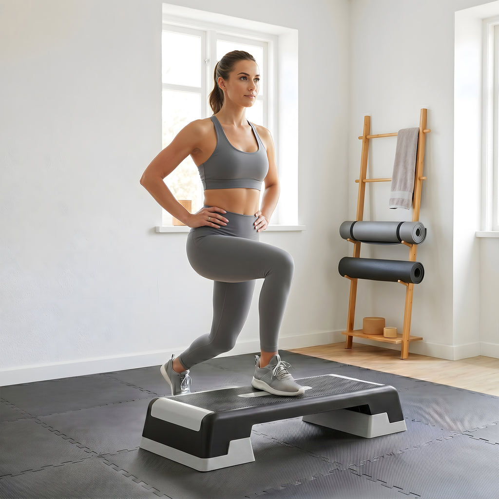 Steppbrett höhenverstellbar Fitness Aerobic Stepper mit 3 Stufen (15/20/25 cm), Anti-Rutsch-Matte Schwarz+Grau