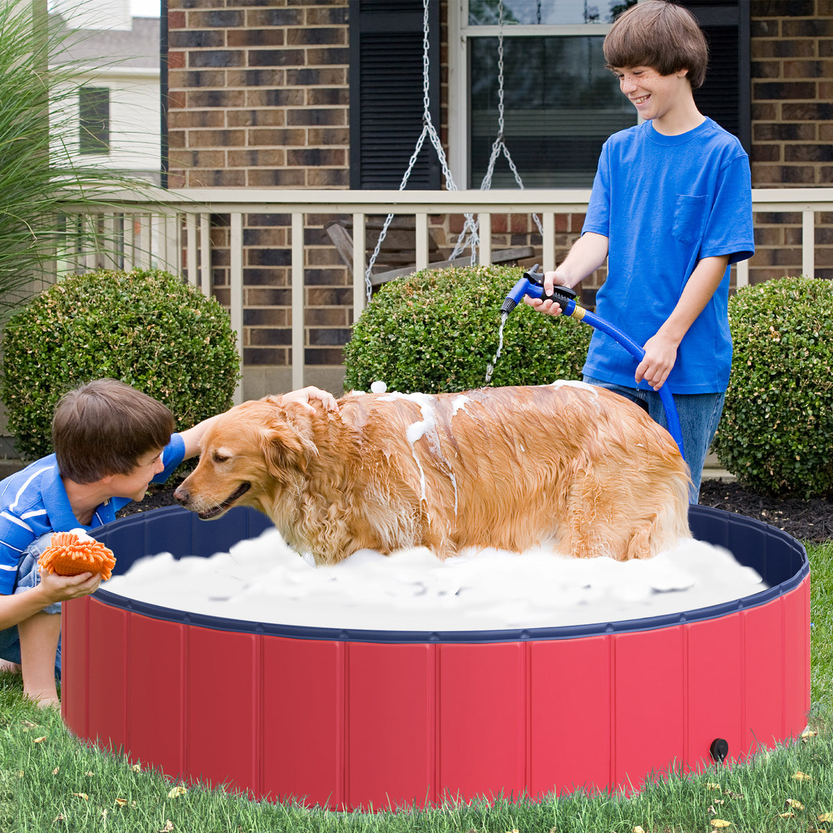 Hundebadewanne faltbar Badewanne Hundepool Plantschbecken Swimmingpool Wasserbecken f¨¹r Hunde und Katzen Schwimmbecken Kunststoff+Holz Rot ?140 x H30 cm