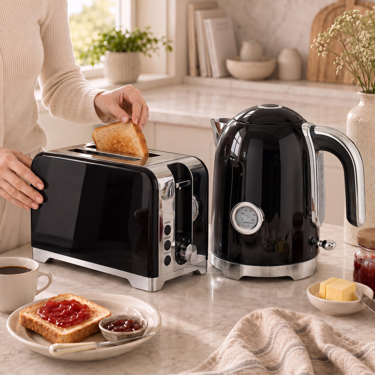 Wasserkocher und Toaster Set mit Thermometer, 1,7 l, 2200 W Wasserkocher, 2-Scheiben-Toaster mit 7 Bräunungsstufen