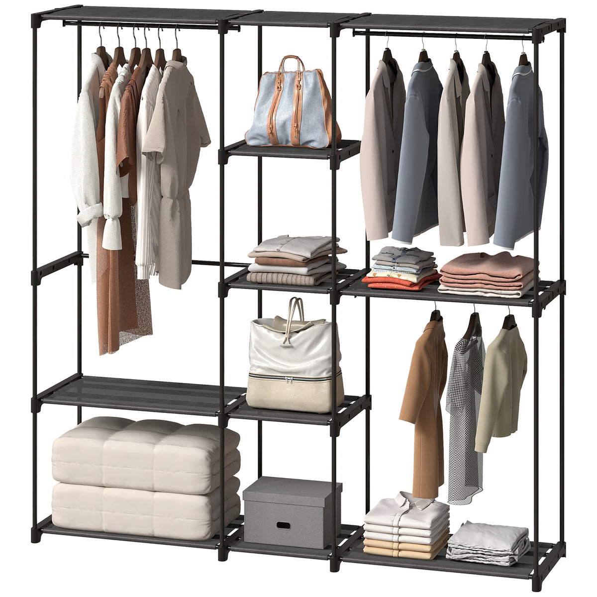 Portable Wardrobe, Open Clothes Wardrobe with 8 Shelves, 3 Hanging Rails, Black