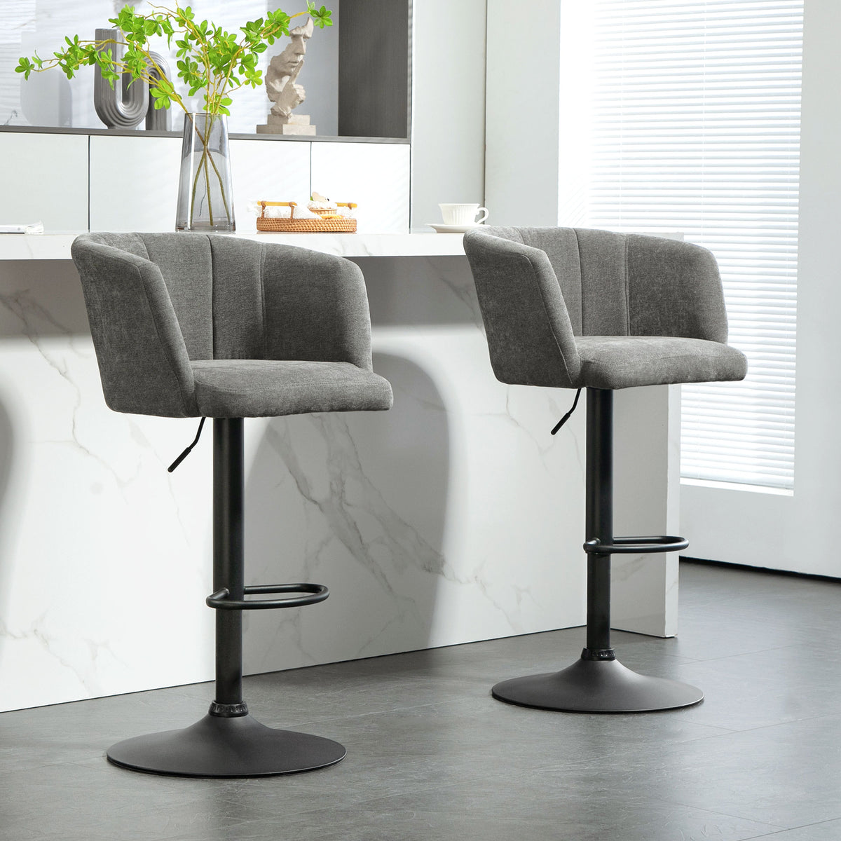 Barhocker 2er-Set, Schalenrücken, höhenverstellbar, Fußstütze, für Küche oder Esszimmer, Metallbasis, Dunkelgrau