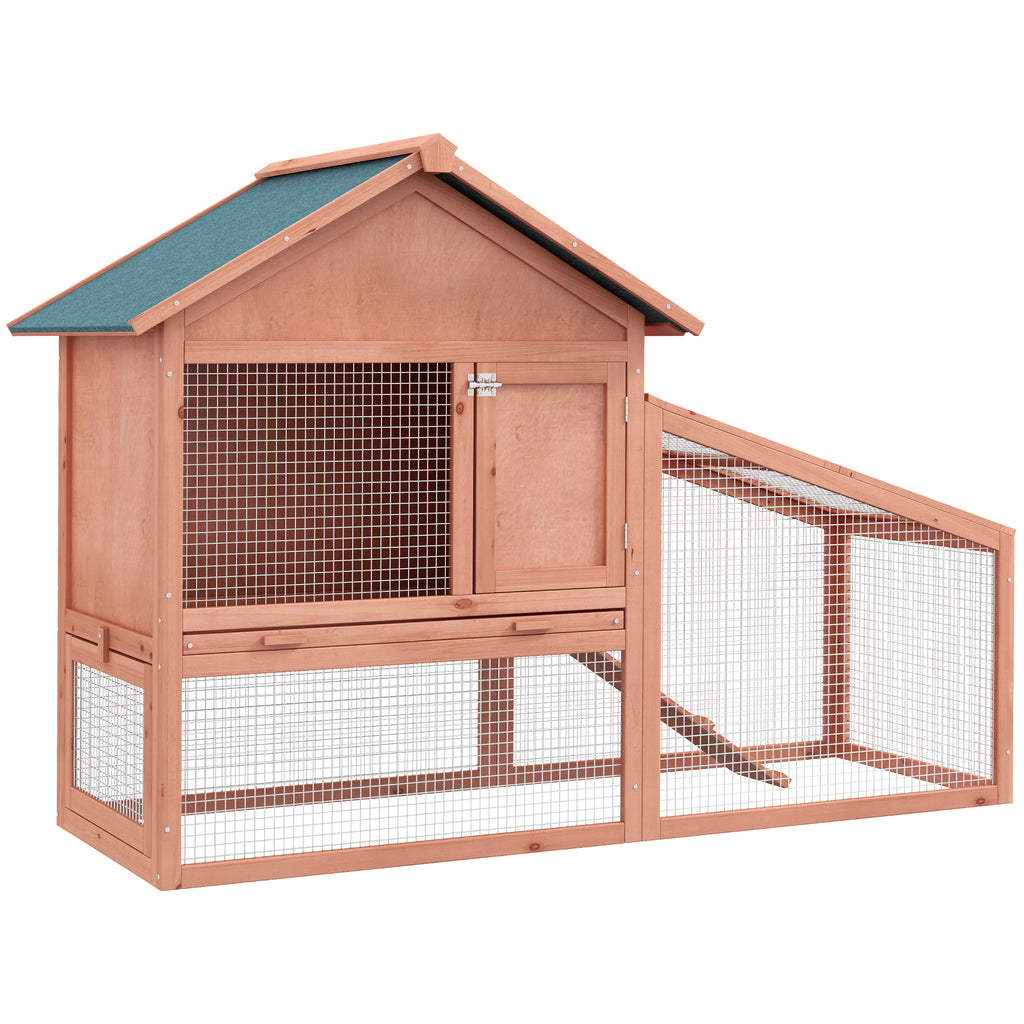 2 Tier Rabbit Hutch Outdoor, Guinea Pig Hutch, Solid Wood Bunny House, Water Resistant Asphalt Roof Ramp Sliding tray 144 x 64.5 x 100 cm