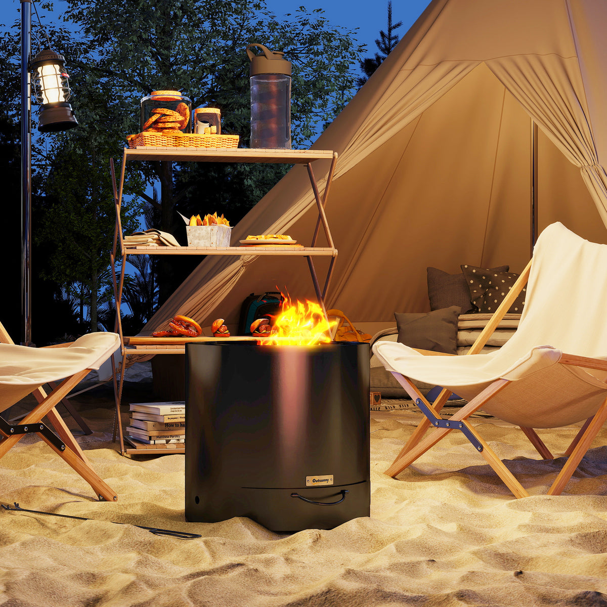 Metal Wood-burning Fire Pit with Fire Poker - Black