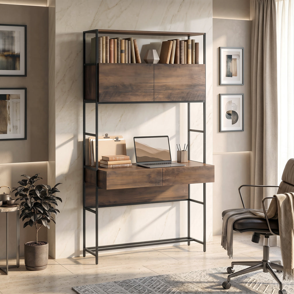 Computertisch mit Regalen und 2 Schubladen für das Home Office, 185 cm hoch, Braun Holzoptik