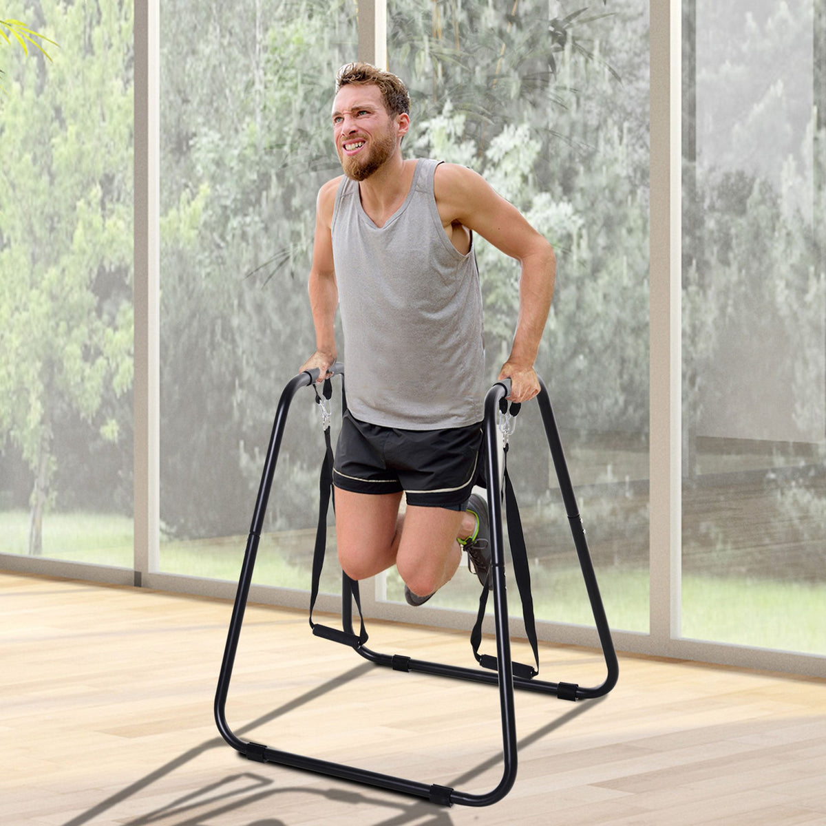 Multifunctional  Dip Stand Power Station Bar with Sling Trainer Strength Workout Home Gym Black