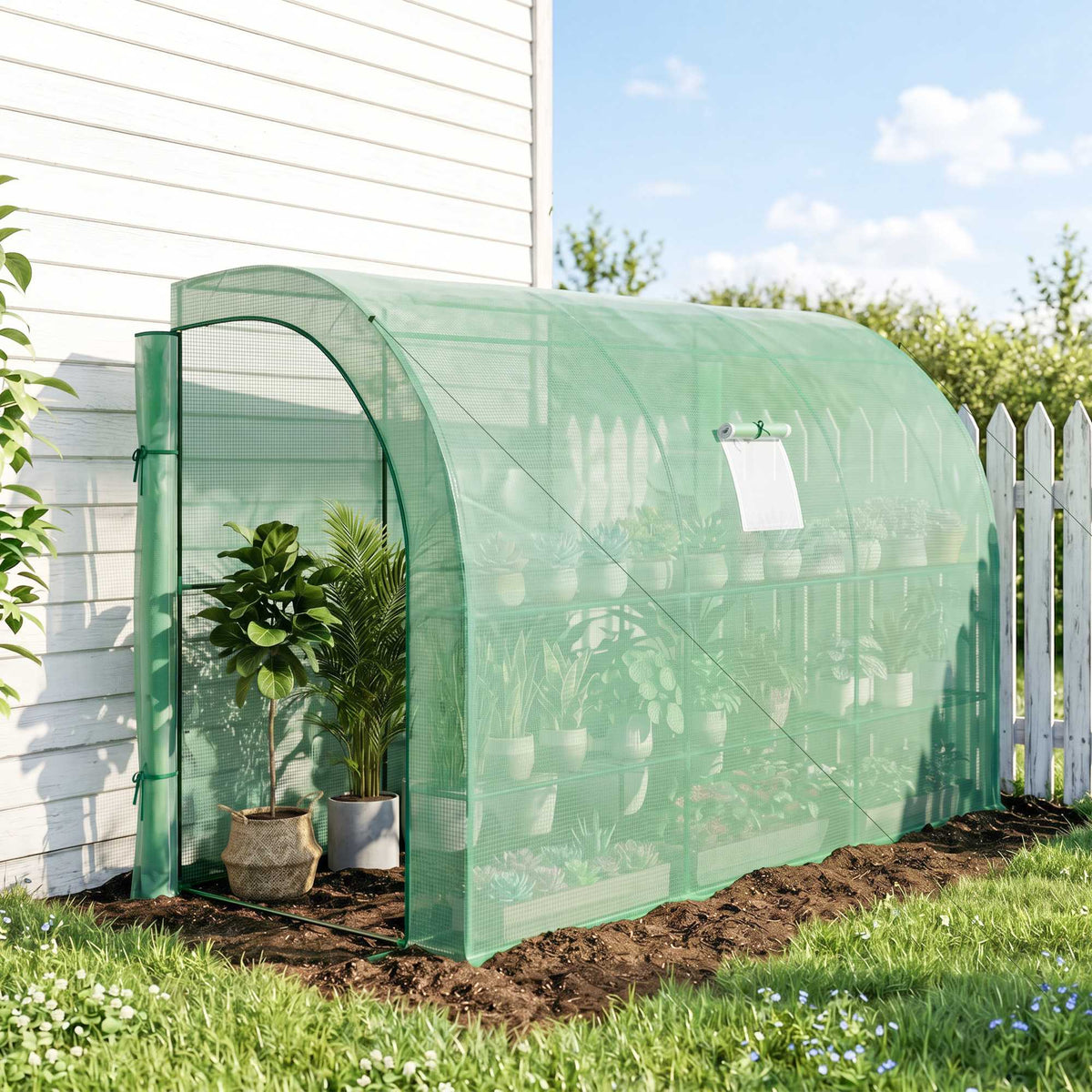 Walk-In Lean to Greenhouse with Windows and Zippered Doors, 2 Tiers 6 Wired Shelves 300L x 150W x 213Hcm Green