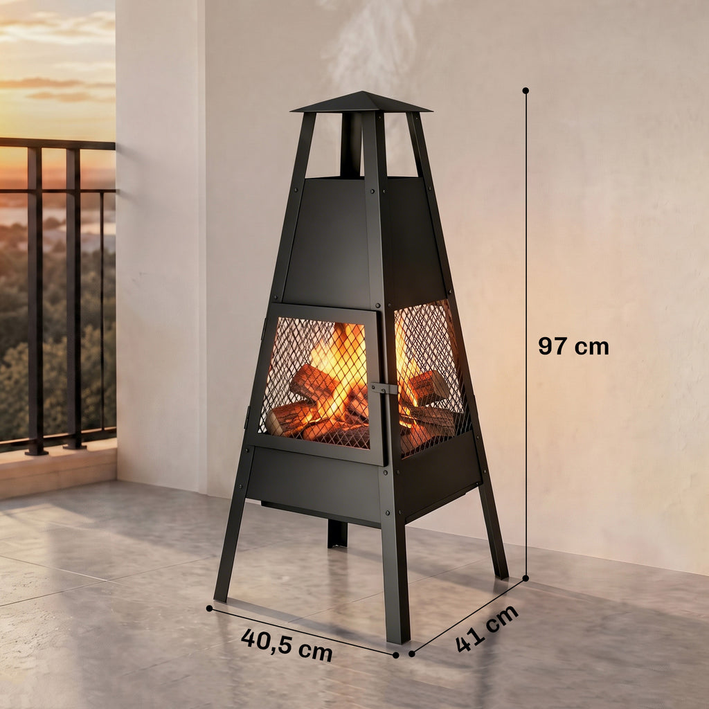 Feuerschale 41 x 40,5 x 97 Feuerstelle mit konischem Zugkamin Funkenschutz Kohlenstoffstahl Schwarz