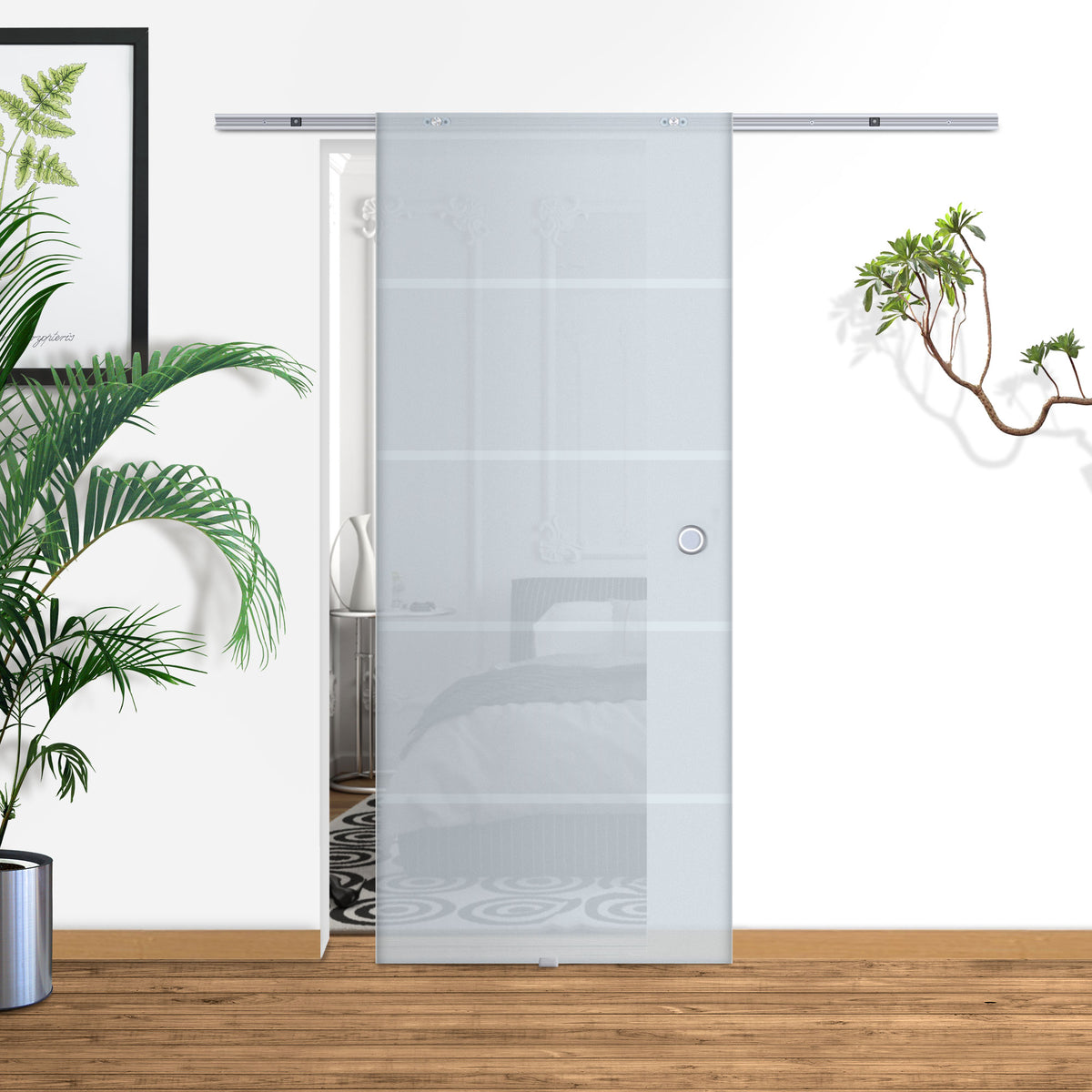 90cm Modern Sliding Door Include Hardware Track System Kit, Frosted Stripe Glass Door, Round Handle